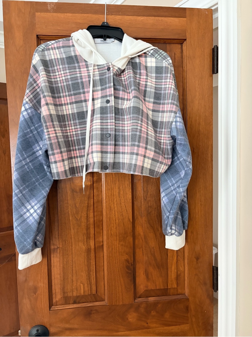 Adika Cropped Plaid Hooded Bomber Jacket in Pink, Gray & periwinkle